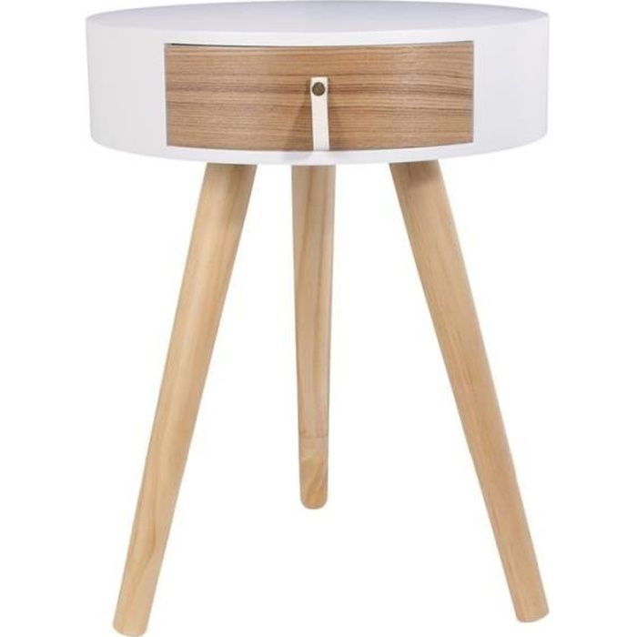 table de chevet ronde en bois avec tiroir - ac-déco - nora - style vintage - blanc beige