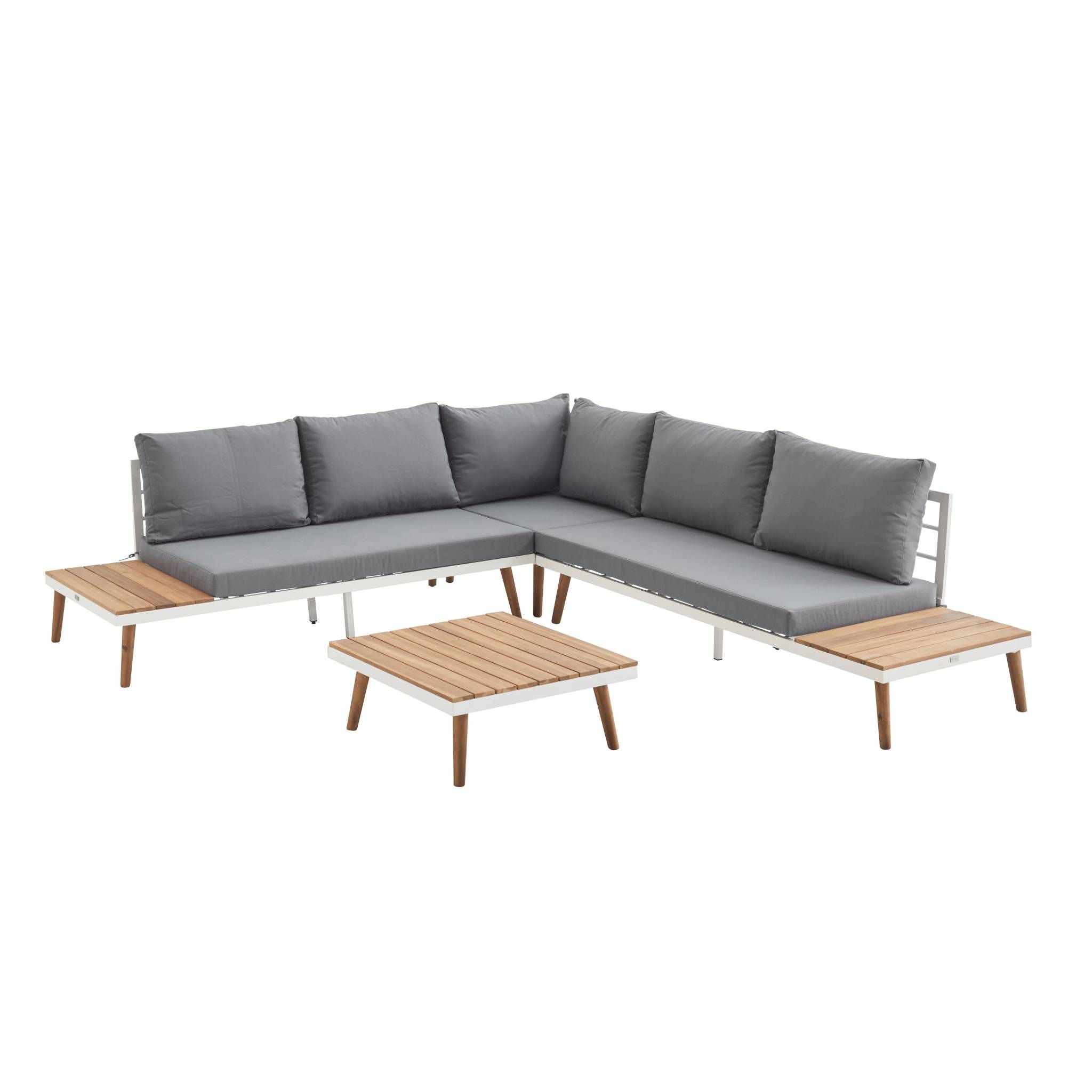 salon de jardin en bois 5 places buenos aires structure blanche coussins gris canape d angle tablettes laterales et table cdiscount jardin