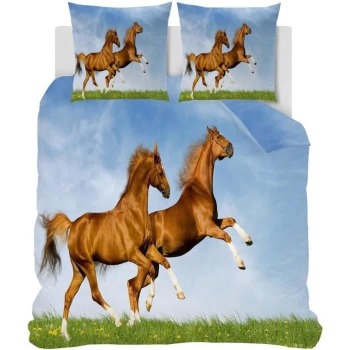 Housse De Couette 3D Dessin Animé Cheval Microfibre Avce 2 Taies D