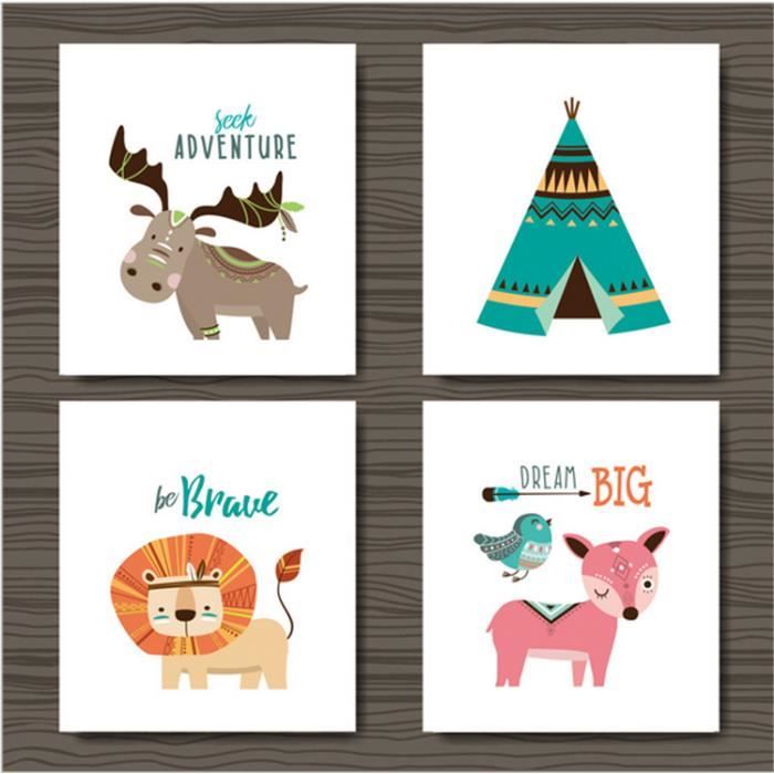 Set De 4 Posters Pour Chambre De Bebe Ou D Enfant Sans Cadre Pour Fille Garcon Poster Animal Impression No Frame Taille 21x29 7 Cdiscount Maison