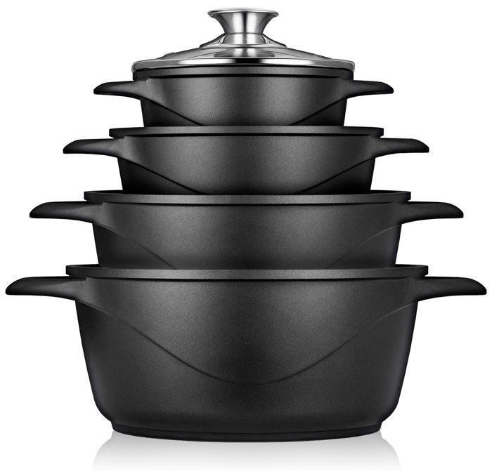 Batterie de Cuisine Induction 8 Pièces Aluminium Fonte 4 Casseroles 4 Couvercles Briebe MGK-12 Noir 93775