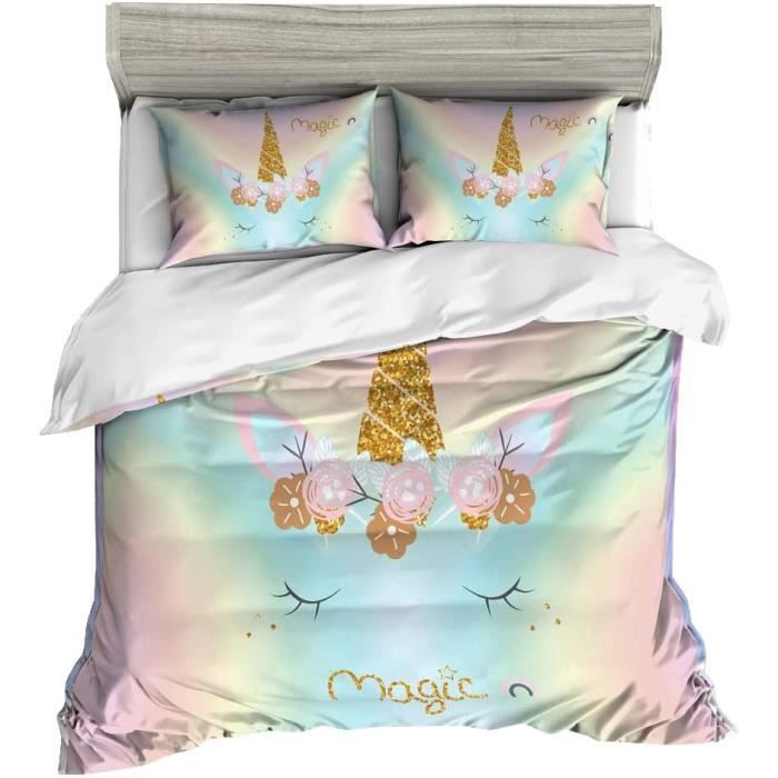 Housse De Couette Licorne Pour Fille - Parure De Lit 3D Avec Taies D'oreiller - Douce Et Facile à Entretenir - Taille 240x220cm