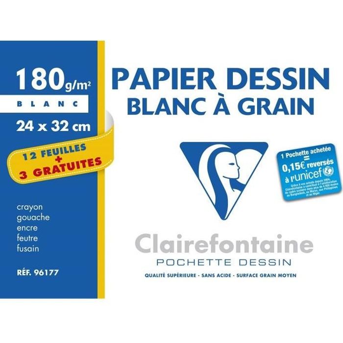 CLAIREFONTAINE Pochette dessin couleurs vives 24x32 12F 3 offertes 160g 