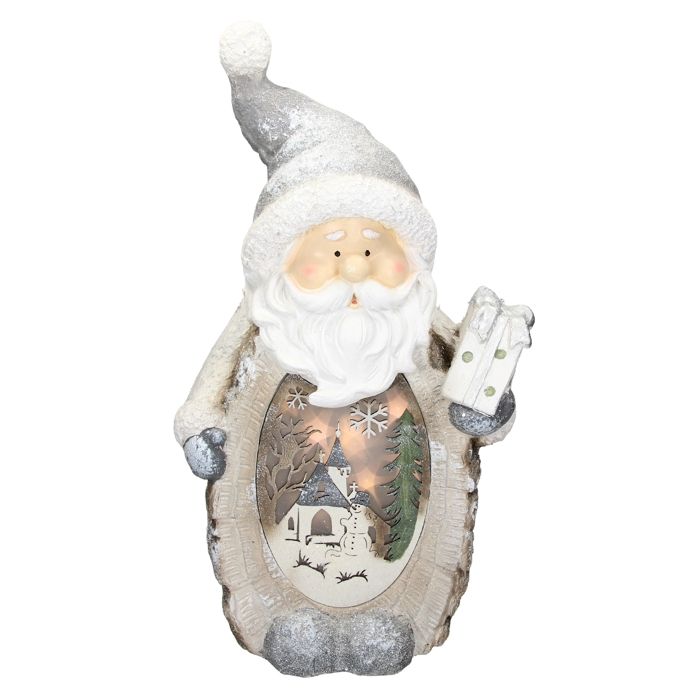 ECD Germany Père Noël Déco Figure de Noël avec Éclairage LED 52 cm Blanc Chaud Chapeau et Écharpe Gris Aspect Bois