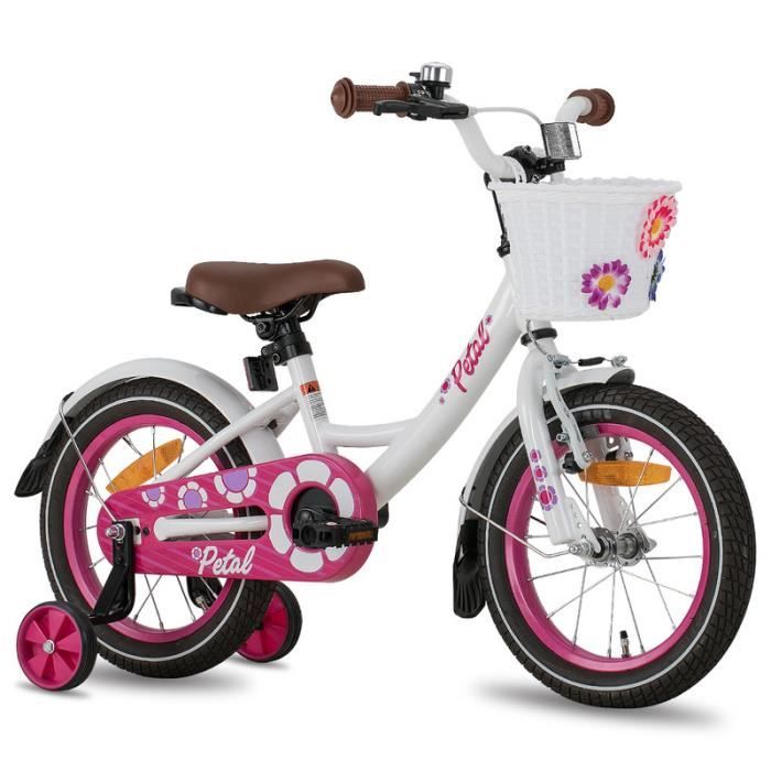 HILAND Vélo Enfant 16 Pouces pour Fille de 6-8 Ans, avec Panier et Roues stabilisatrices-Blanc