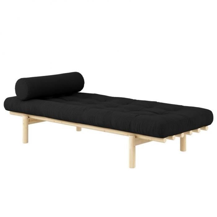 méridienne futon next en pin massif coloris charbon couchage 75 x 200 cm noir tissu inside75