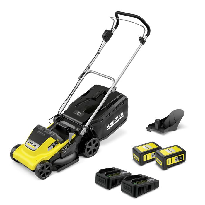 Tondeuse à gazon sans fil 36 V Karcher LMO 4 18 Dual avec 2 batteries 18V 5Ah moteur brushless autonomie 450 m² coupe 37 cm