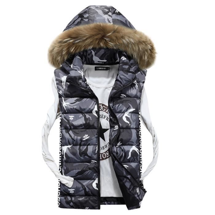 Doudoune sans manches Slim Col de fourrure Camouflage couleur Hooded Epaississant Moyen fermeture eclair Conception Garder au cha. Gris Cdiscount Pret a Porter