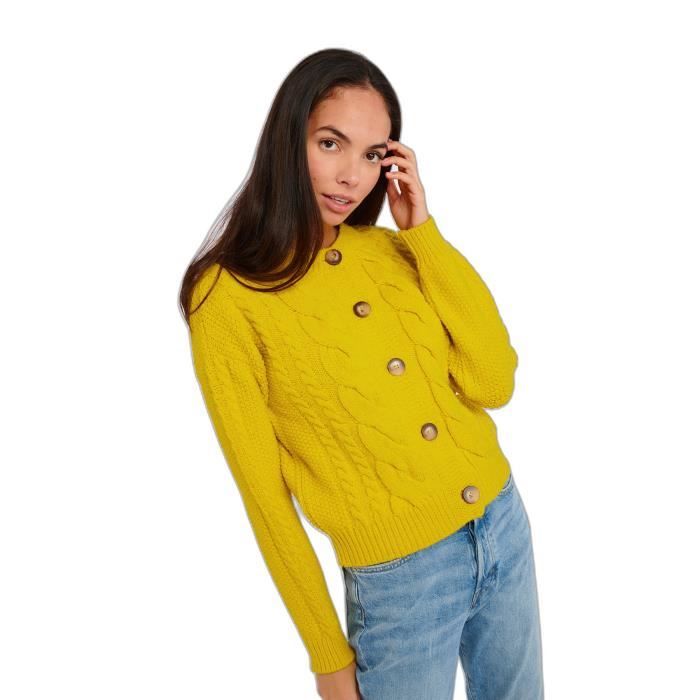 Cardigan femme BANANA MOON Abby Choctaw Maille torsadee Col rond Jaune Moutarde Cdiscount Pret a Porter