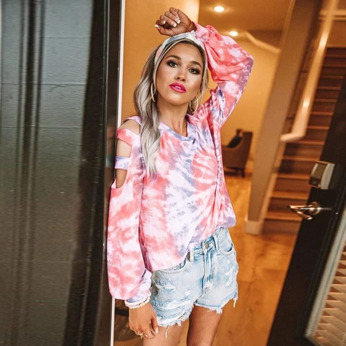 Mode Femmes Tie Dye Imprim Hors paule Manches Longues Sweat