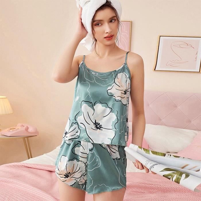 Pyjama en Satin pour femme - Cyan Print - Blanc - Vert - Sexy ...