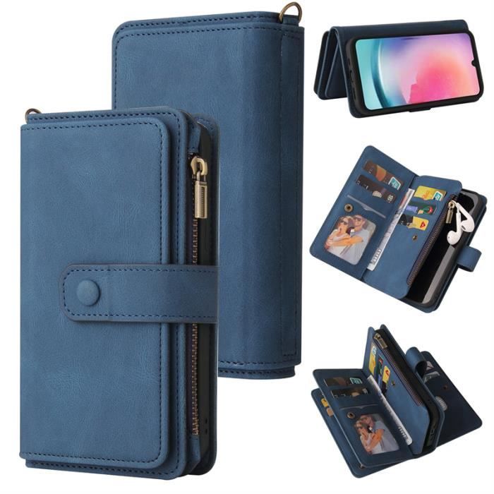 étui portefeuille magnétique à rabat amovible avec 15 porte - cartes et fermeture éclair pour samsung galaxy a25 5g 6.5",bleu