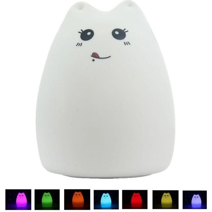 Portable Lampe de Nuit LED en Silicone sous Forme de Chat, Rechargeable avec Câble USB, 8 Couleurs de Respiration pour Enfant Adulte