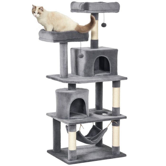 Meilleurs prix pour Arbre à chats multi-équipements griffoirs grattoirs plateformes niches hamac paniers jouets suspendus dim. 60L x 50l x 145H cm gris