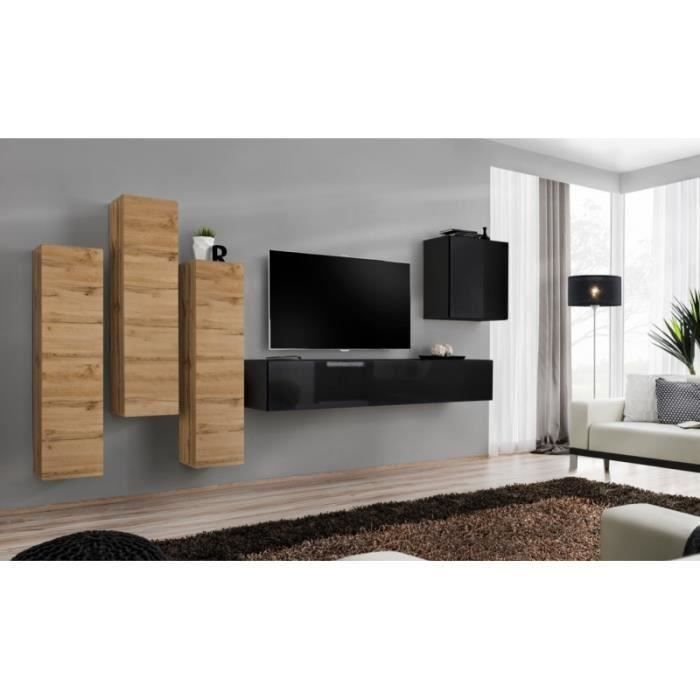 meuble tv mural - price factory - switch iii - chêne wotan - noir - 5 portes