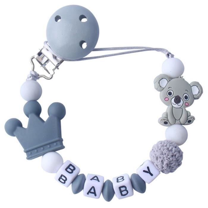 Chaîne De Tétine Personnalisée Ruban - Bleu Gris Avec Prénom - Silicone Fuchs