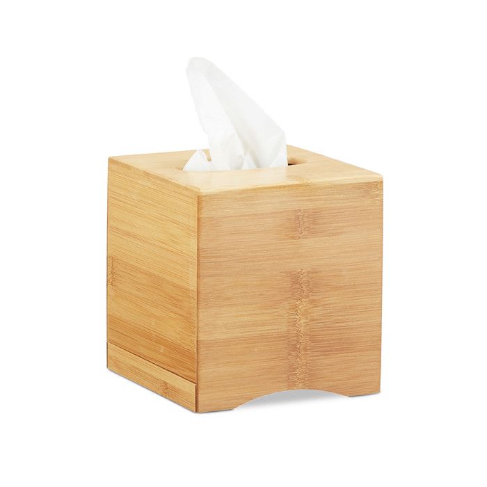 Relaxdays Distributeur à mouchoirs carré boîte lingette maquillage tissu bois bambou HxlxP: 15 5 x 14 5 x 14 5cm nature