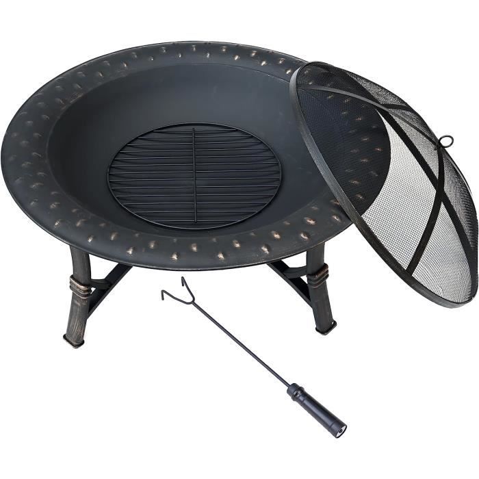 Brasero Extérieur 81cm En Métal Noir - Avec Couvercle Pare-étincelles Et Tisonnier - Chauffage De Jardin, Terrasse - Résiste Jusqu'à 600°C