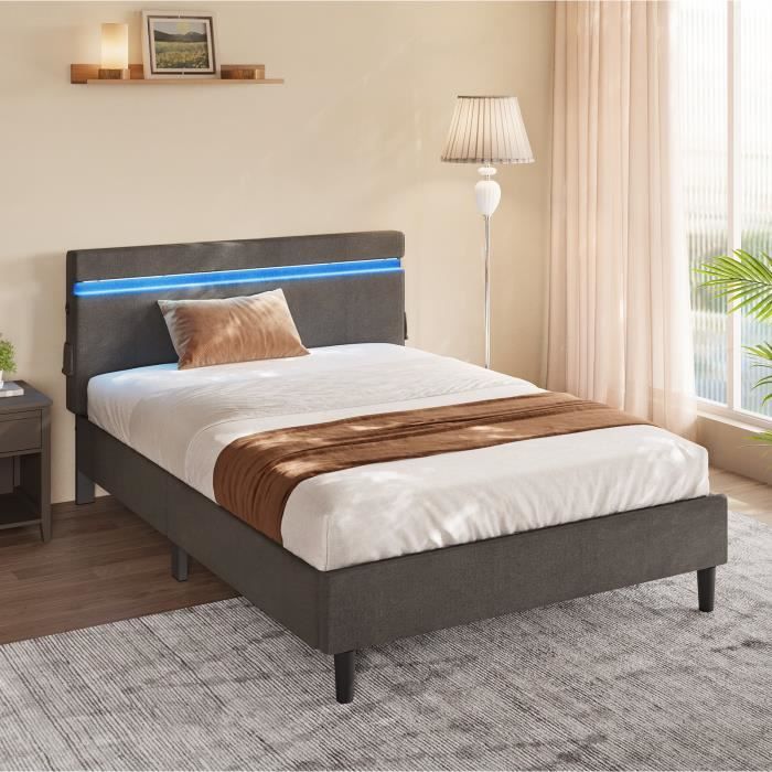 lit double en métal, 140 x 190 cm, avec tête de lit, éclairage led, prise port usb et type-c, gris foncé