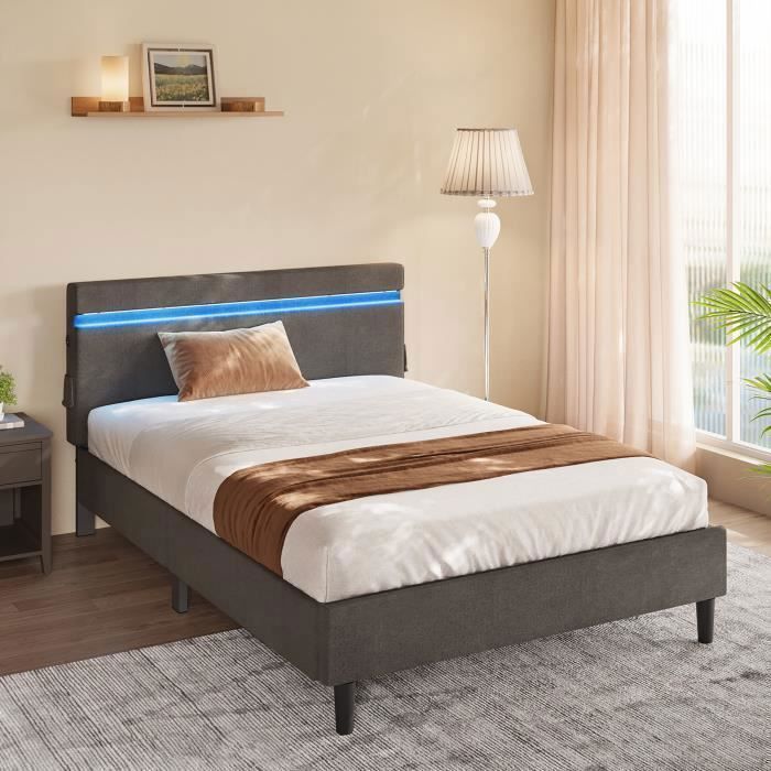 VASAGLE Lit Simple en Métal 140 x 190 cm Cadre de Lit Tête de Lit Rembourré Éclairage LED Prise Port USB et Type-C Gris Foncé