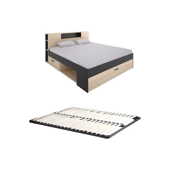 Lit avec tête de lit rangements et tiroirs - 140 x 190 cm - Coloris : Naturel et anthracite + Sommier - LEANDRE