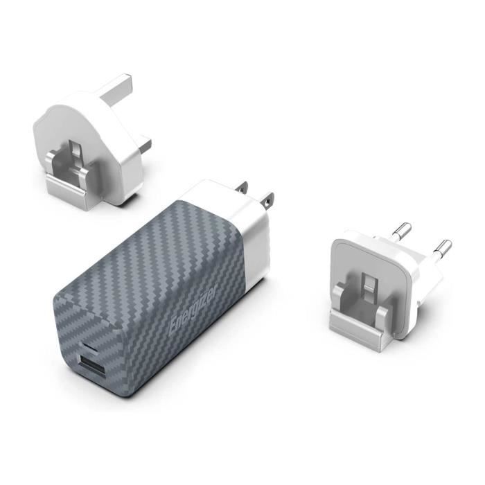 Chargeur pour téléphone mobile Energizer - Chargeur Rapide USB-A et USB-C  65W - sans Câble - 3 Prises Incluses (EU/US/UK) - Argent/Gris