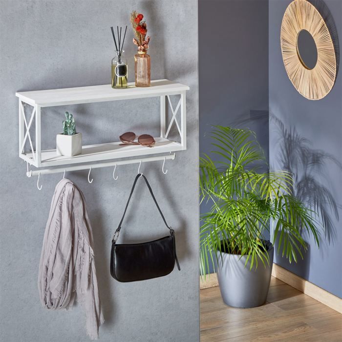 Porte-manteau Mural Vintage En Bois – 6 Patères + 2 étagères – Fixation Murale – Style Rétro – Idéal Rangement
