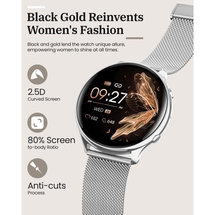 Montre Connectée Femme RUXINGX Or Noir - Appel Bluetooth & Suivi Santé Complet