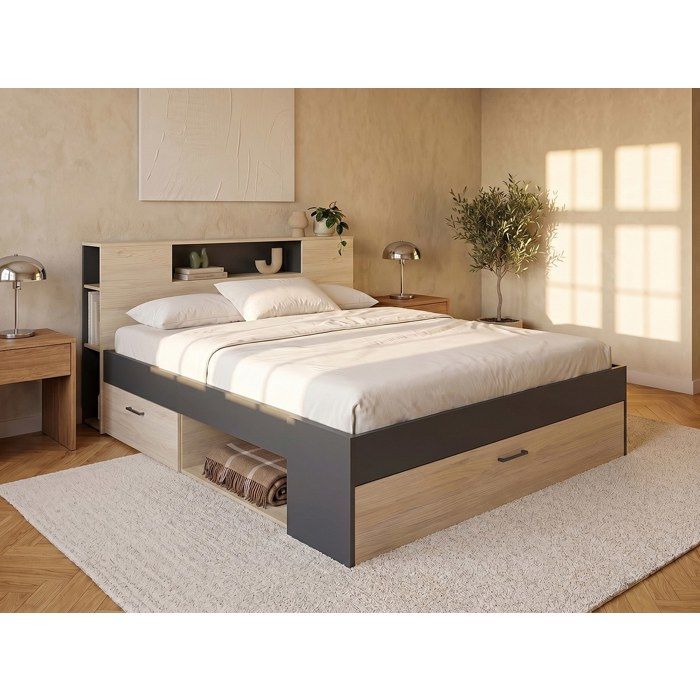 Lit Avec Tête De Lit Rangements Et Tiroirs 140 X 190 Cm - Coloris : Blanc + Sommier - Florian à Prix