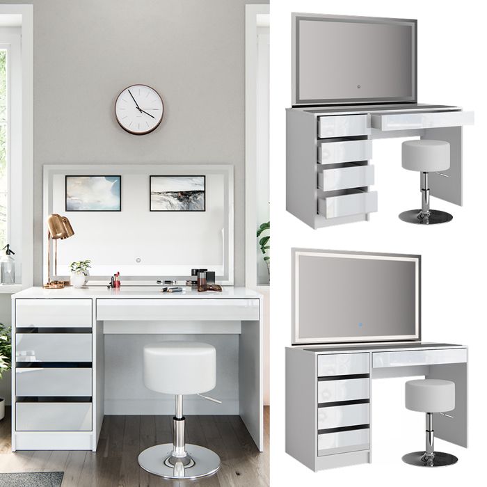 Coiffeuse Sherry, Blanc/Sonoma, 120 cm avec miroir LED et tabouret, Vicco