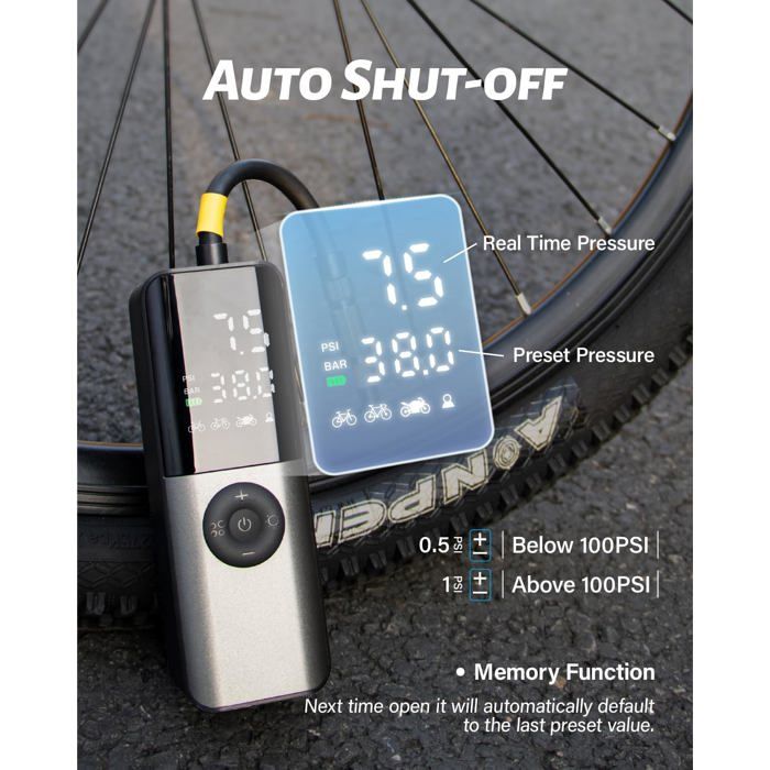 Pompe à Vélo Électrique Portable 120PSI - Avec Manomètre Et LED Pour Presta/Schrader