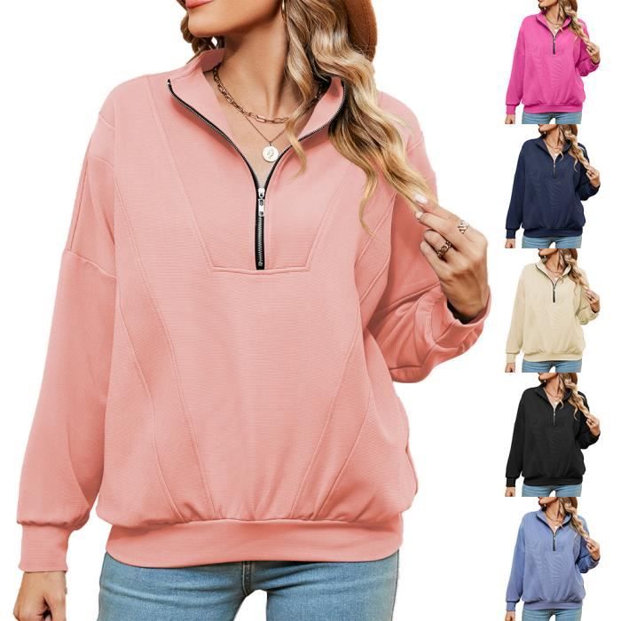 Pull Femme Col A Fermeture Eclair Automne Hiver Casual Pullover Manches Longues Couleur Unie Confortable Taille EU