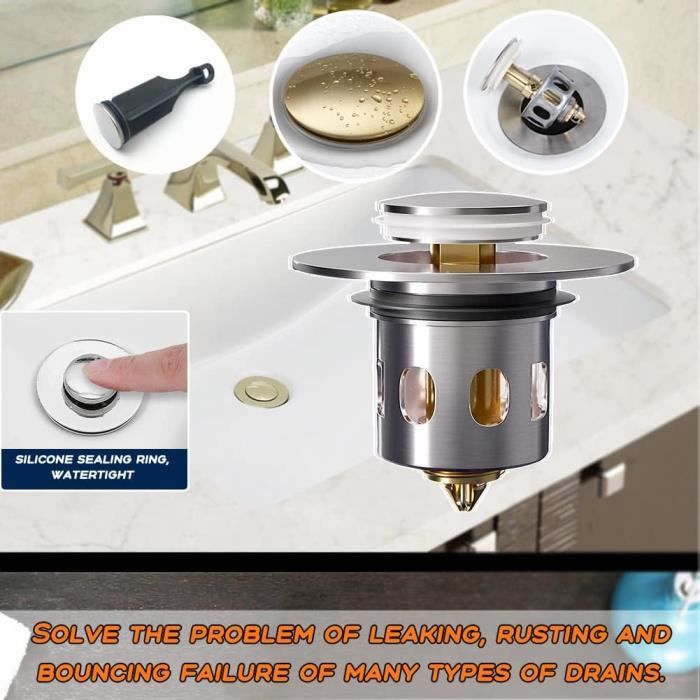 Bouchon De Lavabo Universel Pop-up Avec Filtre - Diamètre 33 Mm - Pour éviers 34-40 Mm - Anti-odeurs Et Anti-bouchons