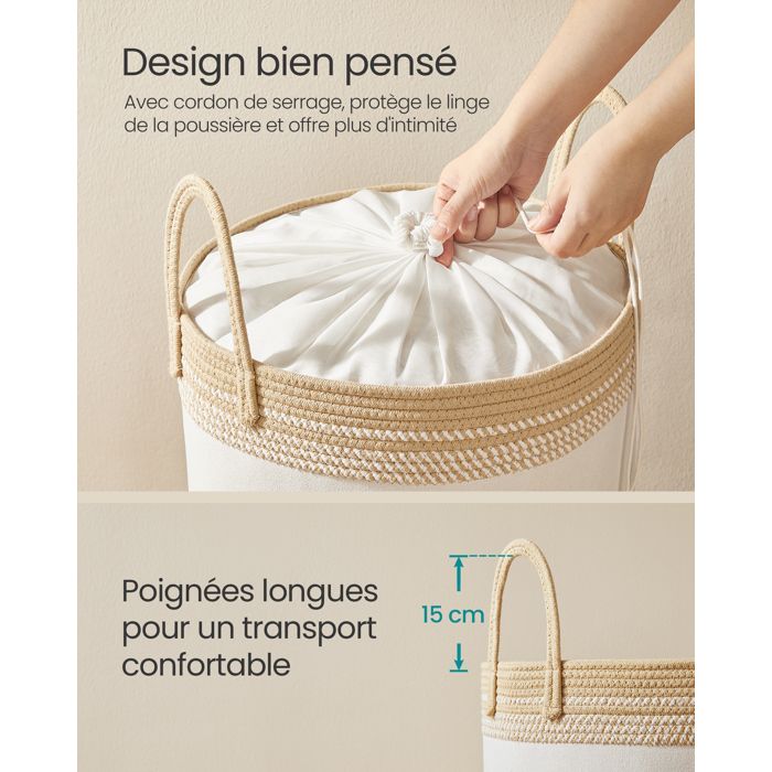 Panier à Linge, 60L, avec Couvercle, Corde en Coton, Poignée