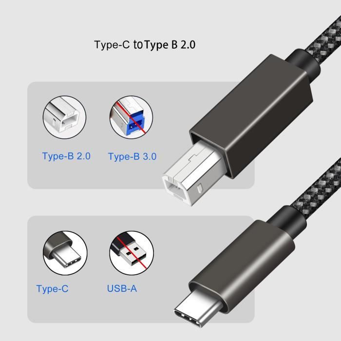 Câble d'imprimante USB B vers USB C, Type B 2.0 Fil de données tressé pour imprimante  HP / epson / canon, scanner, câble d'imprimante USB Type C compatible avec  Macbook Pro