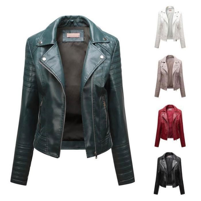 Blouson Femme en Cuir OEIN Fashion Casual Slim Fit Vert fonce