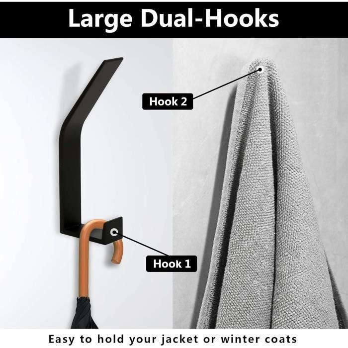 Lot De 6 Crochets Muraux Noirs à Fixation Invisible - Alliage Aluminium, Charge 15kg, Design Moderne