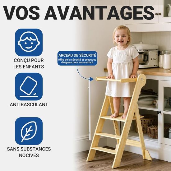 Tour D'Apprentissage Montessori Pliable - Tour D'Observation Bébé Réglable En Hauteur, Kitchen Helper En Bois Clair