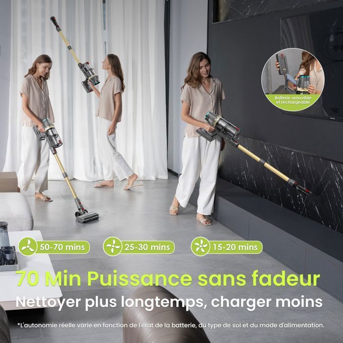 Aspirateur Balai Sans Fil 45KPa - Autonomie 50 Min, Batterie Amovible, Léger Pour Poils D'Animaux Et Tapis