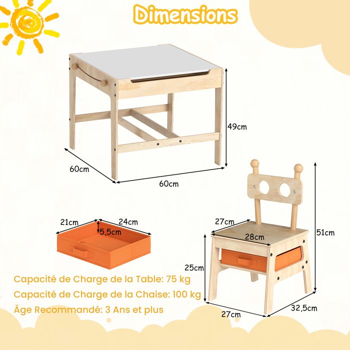 Table D'activités Enfants Avec 2 Chaises Et Banc Rangement - Bois, 70x48x51 Cm - Pour Dessiner, Manger, Jouer Table Avec Chaises Banc Rangement Bois MDF Pin 70x48x51 Cm