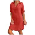 Mode femmes grande taille en lin de coton solide col rabattu robe chemise ample Rose vif-0