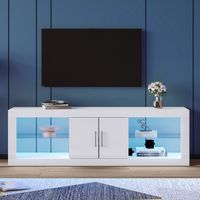 Meuble TV Contemporain à éclairage LED, Etagère en Verre, 2 Portes Brillantes, Table Basse Salon Blanc, 140x35x50cm