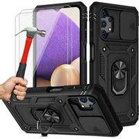 Lot 2 Verres Trempés + Coque Pour Samsung A32 5G (6.5") Noir Anti-Rayure Anneau Arrière Antichoc Dure Cache Caméra
