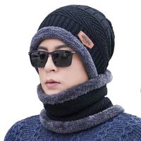 Bonnet chapeau homme hiver chaud tricot, ensemble 2 pièces bonnet echarpe doublé fausse polaire pour sports de plein air- Noir