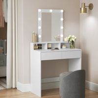 VASAGLE Coiffeuse avec miroir et LED, 2 tiroirs, 3 compartiments, SANS TABOURET, 80 x 40 x 145 cm, style moderne, blanc