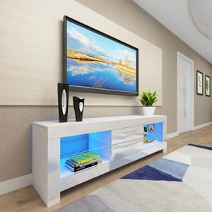 MEUBLE TV Meuble TV Moderne Blanc avec LED Lumineuse - Etagère en verre 2 Tiroirs - Buffet Bas Rangement Salon Chambre 130x35x50cm