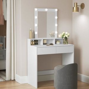COIFFEUSE VASAGLE Coiffeuse avec miroir et LED, 2 tiroirs, 3 compartiments, SANS TABOURET, 80 x 40 x 145 cm, style moderne, blanc