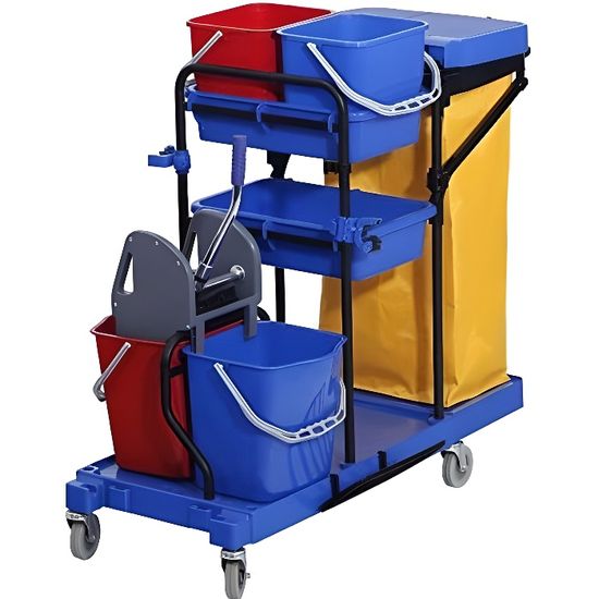 HOMCOM Chariot Nettoyage Professionnel 3 Étagères Avec Sac 100L Et Crochets - Chariot Hôtel Restauration
