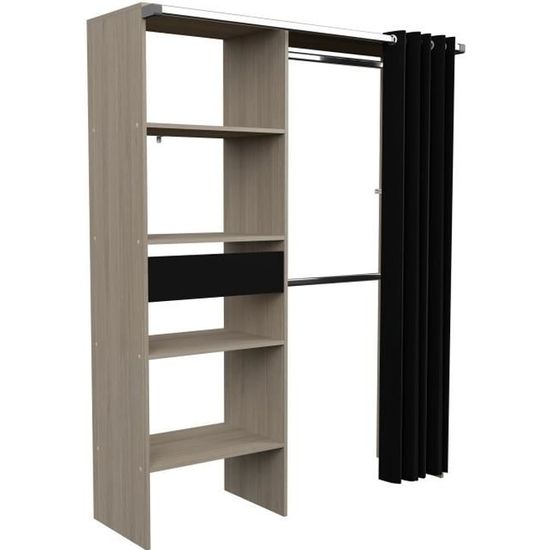Dressing avec rideau ARTIC Chêne et noir 1 colonne + 2 penderies