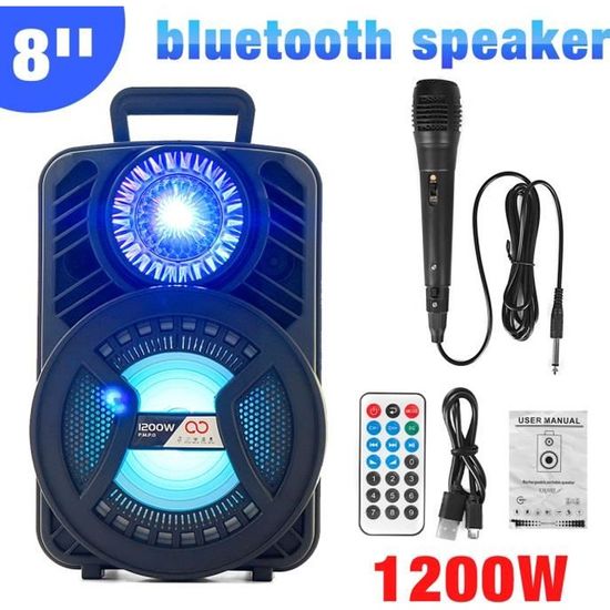 1200W Enceinte bluetooth portable de karaoké au son puissant avec effets lumineux éblouissants et Microphone, Radio FM USB
